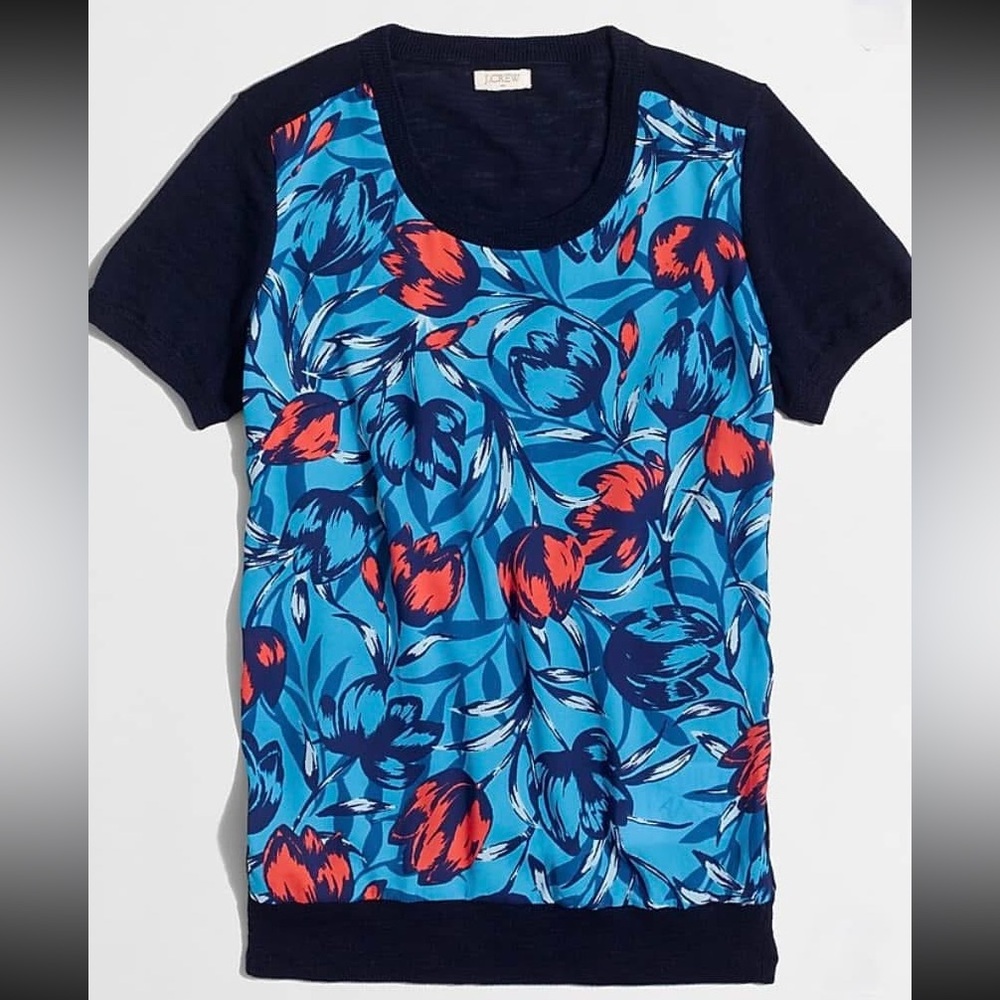 J.Crew Blue Floral Chiffon Front Knit Top Size xs